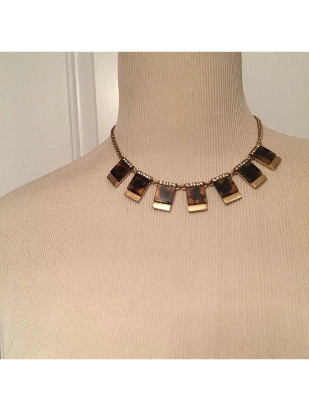 J. CREW NECKLACE CHOKER BROWN LEOPARD RHINESTONE TILES GOLD TONE CHAIN